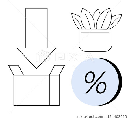 Large downward arrow points to open box, potted plant, and percent symbol. Ideal for packaging, e-commerce, promotions, gardening, sales, discounts, and delivery. Line metaphor 124402913