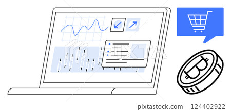 Laptop displaying cryptocurrency graphs and trading data, alongside a Bitcoin coin and a blue shopping cart symbol. Ideal for finance, trading, e-commerce, cryptocurrency, digital marketing, online Laptop displaying cryptocurrency graphs and trading data, alongside a Bitcoin coin and a blue shopping cart symbol. Ideal for finance, trading, e-commerce, cryptocurrency, digital marketing, online 124402922