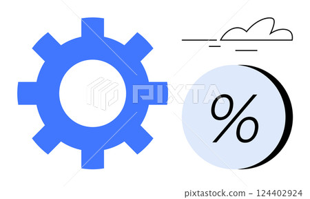 Blue gear, percentage symbol inside a blue circle, and a minimalist cloud outline. Ideal for business process optimization, financial analysis, productivity tools, software development, efficiency 124402924