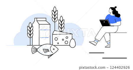 Woman analyzing food items including milk carton, fish, cheese, and bread while using a laptop. Ideal for nutrition analysis, healthy living, dietary planning, food industry, wellness, education 124402926