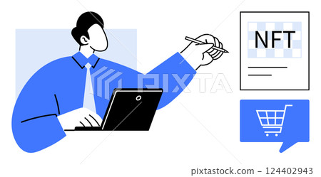 Man working on a laptop and pointing to an NFT document with a pen, accompanied by a shopping cart icon. Ideal for digital art, e-commerce, blockchain, cryptocurrency, finance, technology, and online 124402943