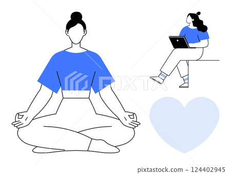 Woman meditating in lotus position with calm expression. Nearby, another woman sits on a ledge using a tablet. Blue heart symbol in the background. Ideal for wellness, mindfulness, relaxation Woman meditating in lotus position with calm expression. Nearby, another woman sits on a ledge using a tablet. Blue heart symbol in the background. Ideal for wellness, mindfulness, relaxation 124402945