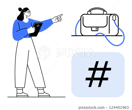 Woman holding tablet pointing, briefcase symbolizing work, metadata tag indicating social media or digital trends. Ideal for business presentations, corporate training, social media strategies 124402963