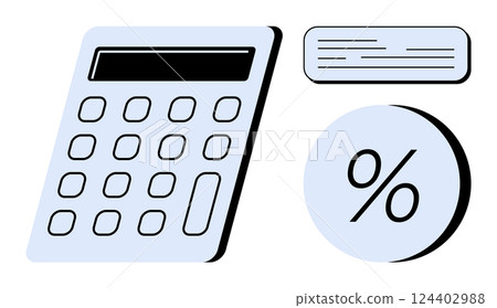 Calculator alongside percentage sign and document outline. Ideal for finance, accounting, budgeting, tax preparation, financial planning, educational purposes, financial analysis. Line metaphor 124402988