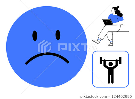 Large blue sad face emotion with two smaller illustrations woman working on laptop and weightlifter. Ideal for mental health, work-life balance, fitness motivation, stress management, emotional Large blue sad face emotion with two smaller illustrations woman working on laptop and weightlifter. Ideal for mental health, work-life balance, fitness motivation, stress management, emotional 124402990