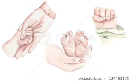 Mother and Newborn Baby Hands and Feet set. Motherhood and Family concept. Hand drawn Watercolor illustration for Mother's day isolated on a white background. For Baby shower and Gender Party Cards 124403105