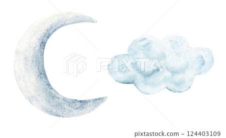 Set of Crescent blue Moon and Cloud. Hand drawn Watercolor illustration isolated on a white background. Baby design elements. For kids goods, prints, cards or invitations. Set of Crescent blue Moon and Cloud. Hand drawn Watercolor illustration isolated on a white background. Baby design elements. For kids goods, prints, cards or invitations. 124403109