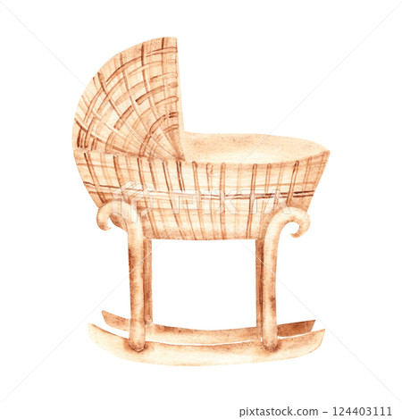 Baby cradle from rattan. Hand drawn Watercolor Crib illustration in eco style. Children's accessory for newborn greeting or birthday cards, baby shower invitations. 124403111