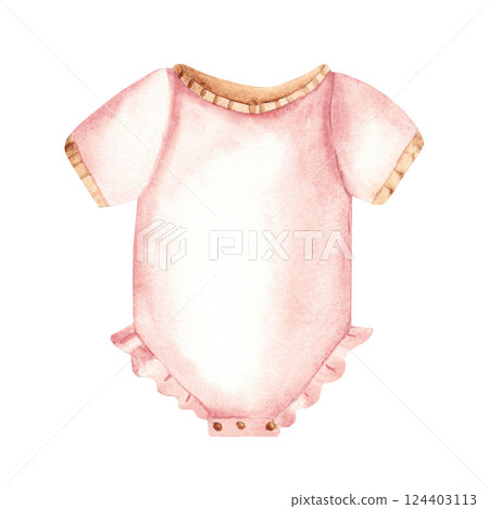 Girl Bodysuit in pink color. Newborn cute underwear clothes. Watercolor hand drawn illustration. Kids design element for newborn greeting or birthday cards, gender reveal party. 124403113