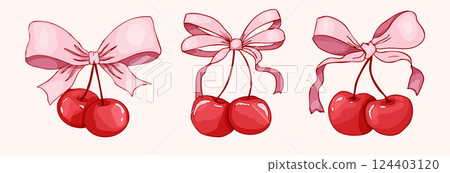 Cherry with bow coquette girly fruit, tie ribbon sketchy doodle drawing, y2k retro aesthetic. Whimsical cute cherry.  124403120