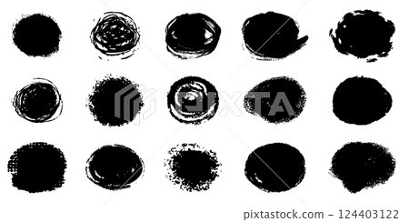 Scribble textured brush stroke ink or paint round splatter. Abstract grunge stain enso border, frame, hand drawn textured punk style asian design element Scribble textured brush stroke ink or paint round splatter. Abstract grunge stain enso border, frame, hand drawn textured punk style asian design element 124403122