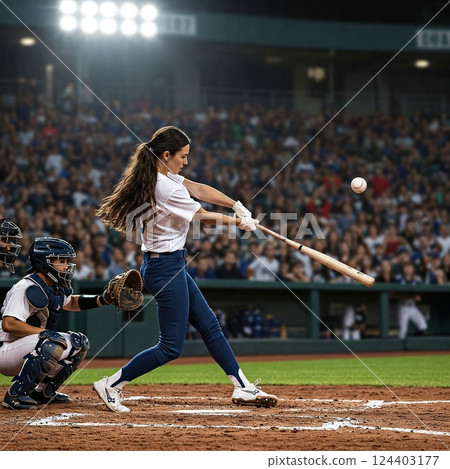 "A heated moment! A female batter swings the bat with great force in a baseball game." 124403177