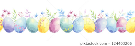Spring easter seamless border of colorful eggs, flowers and twigs in watercolor technique 124403206