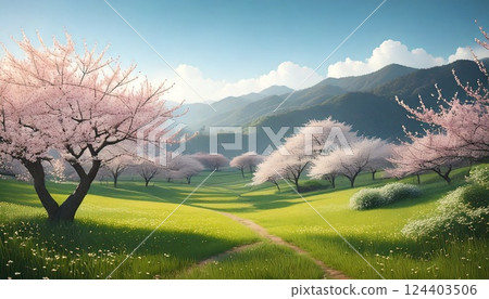 櫻花盛開的春季景觀藝術插圖 124403506