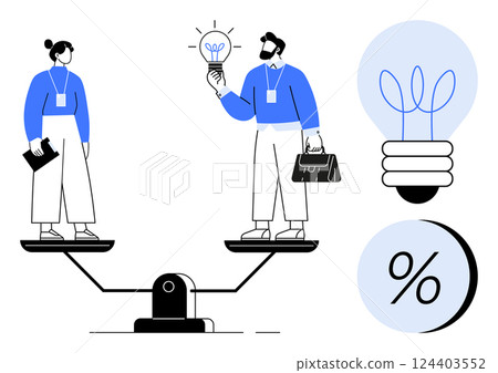 Business people on a balance scale, exchanging ideas represented by a lit bulb and a percentage sign. Ideal for business strategy, financial planning, teamwork, innovation, negotiation, work-life 124403552