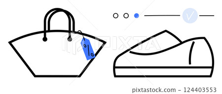 Handbag with handle and price tag next to a casual shoe and selection indicators. Ideal for online shopping, fashion design, e-commerce, product catalog, clothing store marketing, apparel branding 124403553