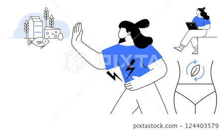 Woman rejecting dairy and fish allergens, working on a laptop, and gut health icon. Ideal for health awareness, allergy information, wellness tips, dietary advice, modern lifestyle, health education 124403579