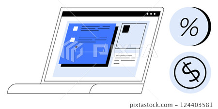 Laptop with financial dashboard, including graphs and text, percentage and dollar icons. Ideal for financial planning, economic analysis, budgeting, accounting, business analytics, investment 124403581