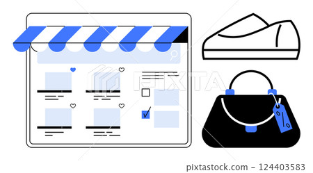 E-commerce website interface with storefront banner, product listings, and icons of a shoe and handbag. Ideal for online shopping, digital marketing, retail business, e-commerce platforms, product 124403583