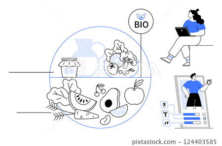 Fresh fruits, vegetables, jar, pitcher organic label, woman using laptop, male health app. Ideal for health fitness, nutrition, organic farming, wellness digital health, lifestyle. Line metaphor Fresh fruits, vegetables, jar, pitcher organic label, woman using laptop, male health app. Ideal for health fitness, nutrition, organic farming, wellness digital health, lifestyle. Line metaphor 124403585