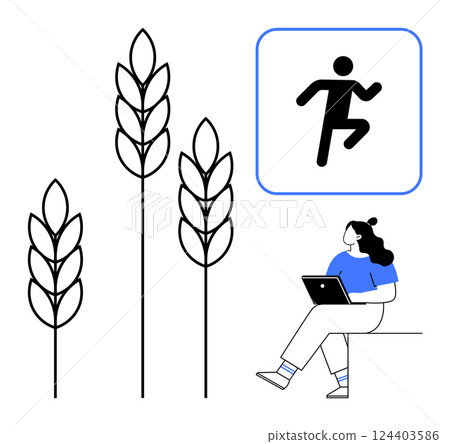 Woman sitting with laptop near wheat stalks and running icon. Ideal for agriculture, technology, work-life balance, healthy living, sustainability, productivity, mobility themes. Line metaphor Woman sitting with laptop near wheat stalks and running icon. Ideal for agriculture, technology, work-life balance, healthy living, sustainability, productivity, mobility themes. Line metaphor 124403586