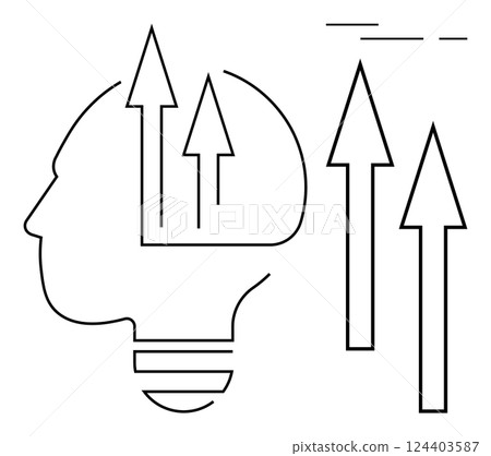 Head silhouette with upward arrows, symbolizing growth and innovative thinking. Ideal for business strategy, personal development, creative brainstorming, educational materials, career progression 124403587