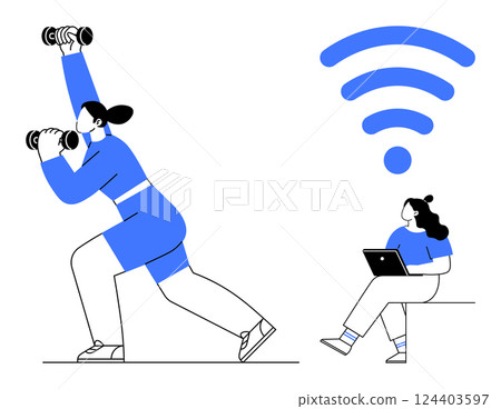 Woman lifting dumbbells, another sitting with tablet large wireless symbol above. Ideal for fitness, technology, remote work, online connectivity, exercise routines, digital lifestyle, healthcare 124403597