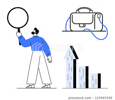 Man holding magnifying glass, briefcase, upward arrow chart symbolizing growth and analysis. Ideal for business strategy, market research, financial growth, career development, project planning Man holding magnifying glass, briefcase, upward arrow chart symbolizing growth and analysis. Ideal for business strategy, market research, financial growth, career development, project planning 124403598
