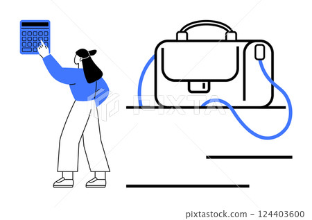 Person using a blue calculator next to a large briefcase. Ideal for business, finance, accounting, productivity, office work, organization, and project management. Line metaphor Person using a blue calculator next to a large briefcase. Ideal for business, finance, accounting, productivity, office work, organization, and project management. Line metaphor 124403600