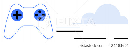 Video game controller with blue buttons and speed lines conveying motion. Background features a cloud, suggesting online gaming. Ideal for gaming, technology, speed, online services, cloud computing 124403605