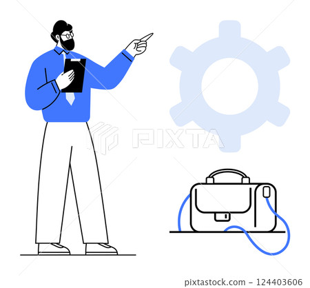 Man in blue shirt and white pants with clipboard pointing towards a large gear symbol and a nearby briefcase. Ideal for business presentations, teamwork, industrial concepts, project management Man in blue shirt and white pants with clipboard pointing towards a large gear symbol and a nearby briefcase. Ideal for business presentations, teamwork, industrial concepts, project management 124403606