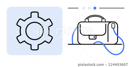 Gear symbol adjacent to a business briefcase with a cursor. Ideal for productivity, business planning, office essentials, workflows, process optimization, tech integration, organizational tools. Line Gear symbol adjacent to a business briefcase with a cursor. Ideal for productivity, business planning, office essentials, workflows, process optimization, tech integration, organizational tools. Line 124403607