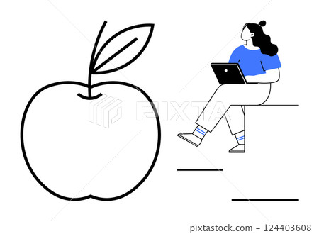 Woman seated with laptop, wearing blue top, and oversized apple outline. Ideal for health, learning, technology, lifestyle, wellness, education, and work-from-anywhere themes. Line metaphor Woman seated with laptop, wearing blue top, and oversized apple outline. Ideal for health, learning, technology, lifestyle, wellness, education, and work-from-anywhere themes. Line metaphor 124403608