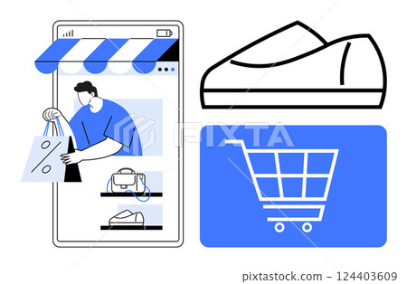 Smartphone storefront with a person holding shopping bags, shoe graphic, shopping cart icon. Ideal for e-commerce, retail, online shopping, mobile apps, digital marketing, web design, sales 124403609