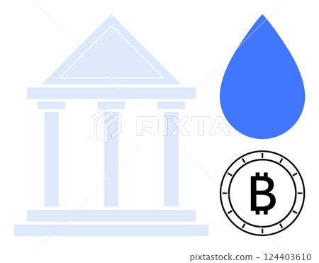 Classical bank building with pillars, Bitcoin coin representing blockchain technology, and blue water drop symbolizing sustainability. Ideal for finance, cryptocurrency, sustainability, technology 124403610