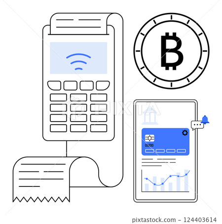 Digital payment terminal with receipt, smartphone displaying financial app, and Bitcoin symbol representing crypto transactions. Ideal for fintech, cryptocurrency, online shopping, e-commerce 124403614
