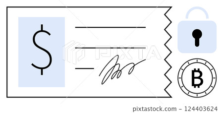 Dollar sign, signature space, and lock symbol beside Bitcoin icon. Ideal for financial transactions, cryptocurrency, e-commerce, digital wallets, online security, fintech services, banking. Line 124403624
