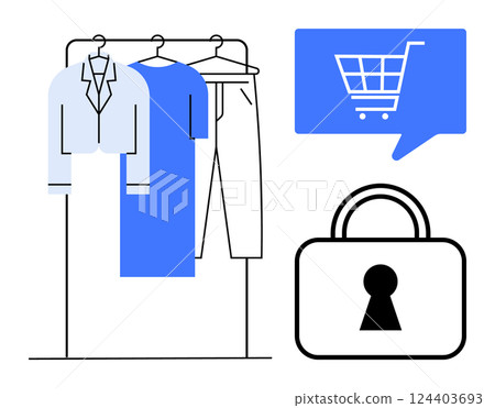 Clothing items on hangers, speech bubble with shopping cart, and padlock symbol. Ideal for e-commerce, cybersecurity, online shopping, fashion business, digital transaction, consumer protection Clothing items on hangers, speech bubble with shopping cart, and padlock symbol. Ideal for e-commerce, cybersecurity, online shopping, fashion business, digital transaction, consumer protection 124403693