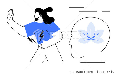 Woman with raised hand blocking sound distractions, abstract human head with lotus flower symbolizing calmness and focus. Ideal for mental health awareness, mindfulness promotion, meditation, stress Woman with raised hand blocking sound distractions, abstract human head with lotus flower symbolizing calmness and focus. Ideal for mental health awareness, mindfulness promotion, meditation, stress 124403719