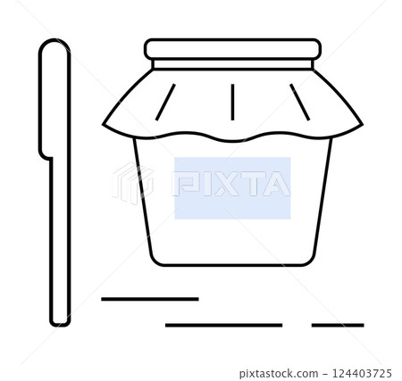 Jar of jam with a spreader in minimalist outline style. Ideal for food blogs, recipe sites, homemade products, organic food markets, culinary apps, kitchenware advertising, health-conscious cooking 124403725