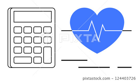 Calculator next to a blue heart with a heartbeat line. Ideal for health finance, budgeting, medical costs, financial planning, healthcare management, wellness programs, and cost estimation. Banner 124403726