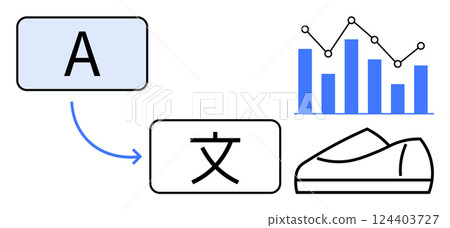 Letter A translating to a Chinese character, bar chart with line graph, and shoe sketch. Ideal for translation services, data analysis, product design, international business, education, marketing Letter A translating to a Chinese character, bar chart with line graph, and shoe sketch. Ideal for translation services, data analysis, product design, international business, education, marketing 124403727