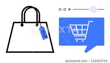 Shopping bag with discount tag and digital shopping cart in blue dialogue bubble with progress indicators above. Ideal for online shopping, e-commerce, digital marketing, retail sales, consumer 124403729