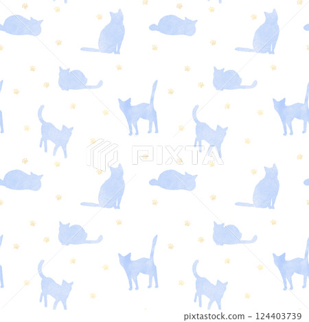 可愛的貓咪剪影無縫圖案藍色 可愛的貓咪剪影無縫圖案藍色 124403739