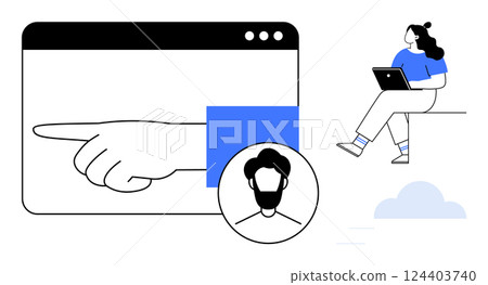 Hand pointing from web browser window, persons profile picture, woman with laptop sitting. Ideal for remote work, online meetings, digital communication, user interface design, tech tutorials Hand pointing from web browser window, persons profile picture, woman with laptop sitting. Ideal for remote work, online meetings, digital communication, user interface design, tech tutorials 124403740