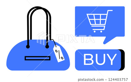 Handbag with price tag, speech bubble containing shopping cart icon, and a BUY button. Ideal for e-commerce, online shopping, fashion sales, digital marketing, website design, retail promotions, user 124403757
