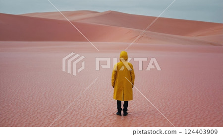 Person in Yellow Jacket Exploring Vast Desert With Sand Dunes Person in Yellow Jacket Exploring Vast Desert With Sand Dunes 124403909