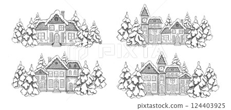 Christmas Greeting card. Illustration of houses. Set of hand drawn buildings. Christmas Greeting card. Illustration of houses. Set of hand drawn buildings. 124403925