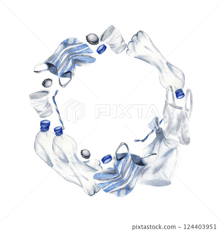 Plastic objects in template frame. Watercolor transparent bottle, disposable cup, polythene bags, caps and tin stopper, straw isolated on white for industry design, recycling and pollution articles Plastic objects in template frame. Watercolor transparent bottle, disposable cup, polythene bags, caps and tin stopper, straw isolated on white for industry design, recycling and pollution articles 124403951