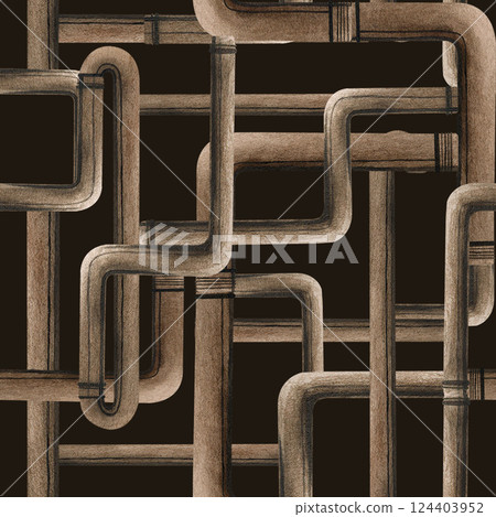 Interlocking copper pipes plumbing pipeline with connectors seamless pattern on dark background. Watercolor hand drawn illustration of water supply. Plumbing and drainage design. Web sites template 124403952